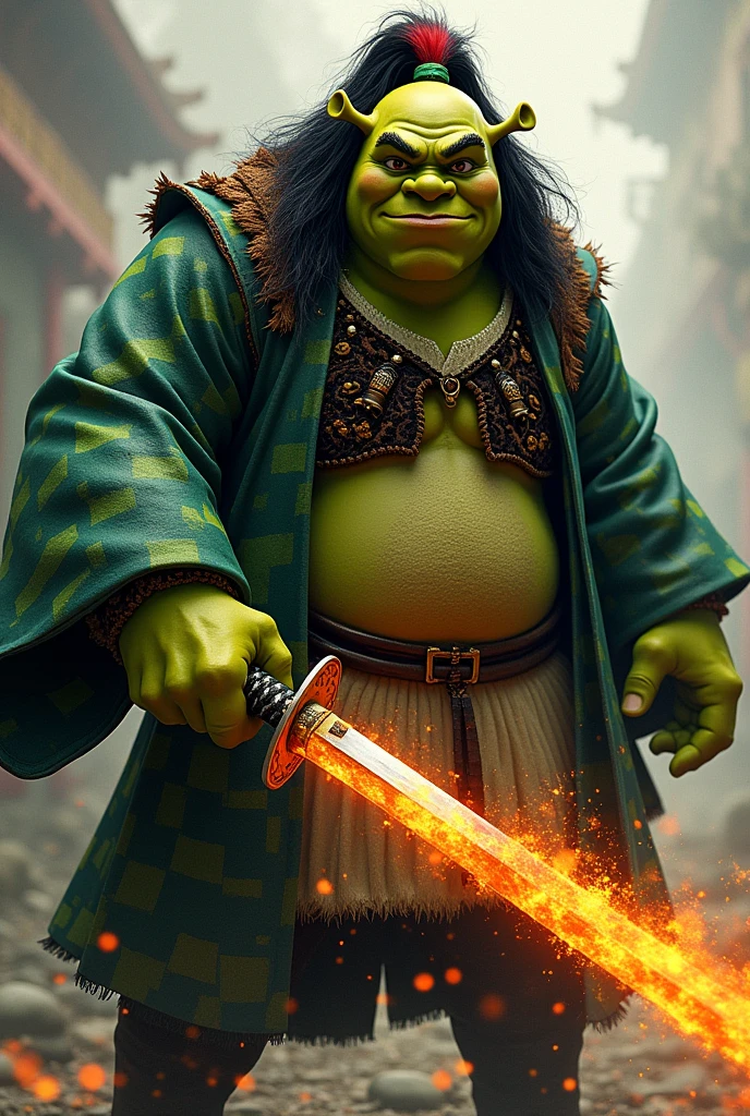 Shrek dressed in green and black checkered kimono, long black hair with red, a katana in his hand on fire, in attack position 

