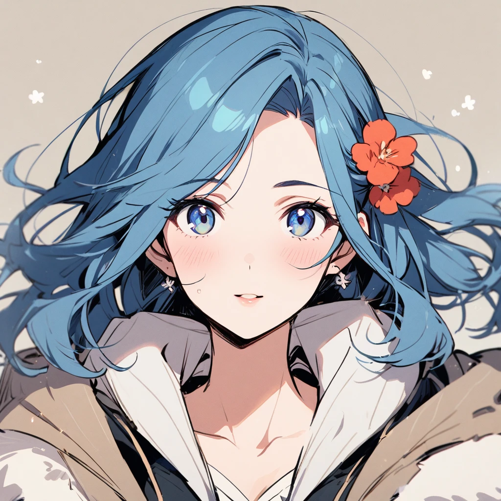girl, mature, beautiful main face, front face, blue eyes, blue hair, cute