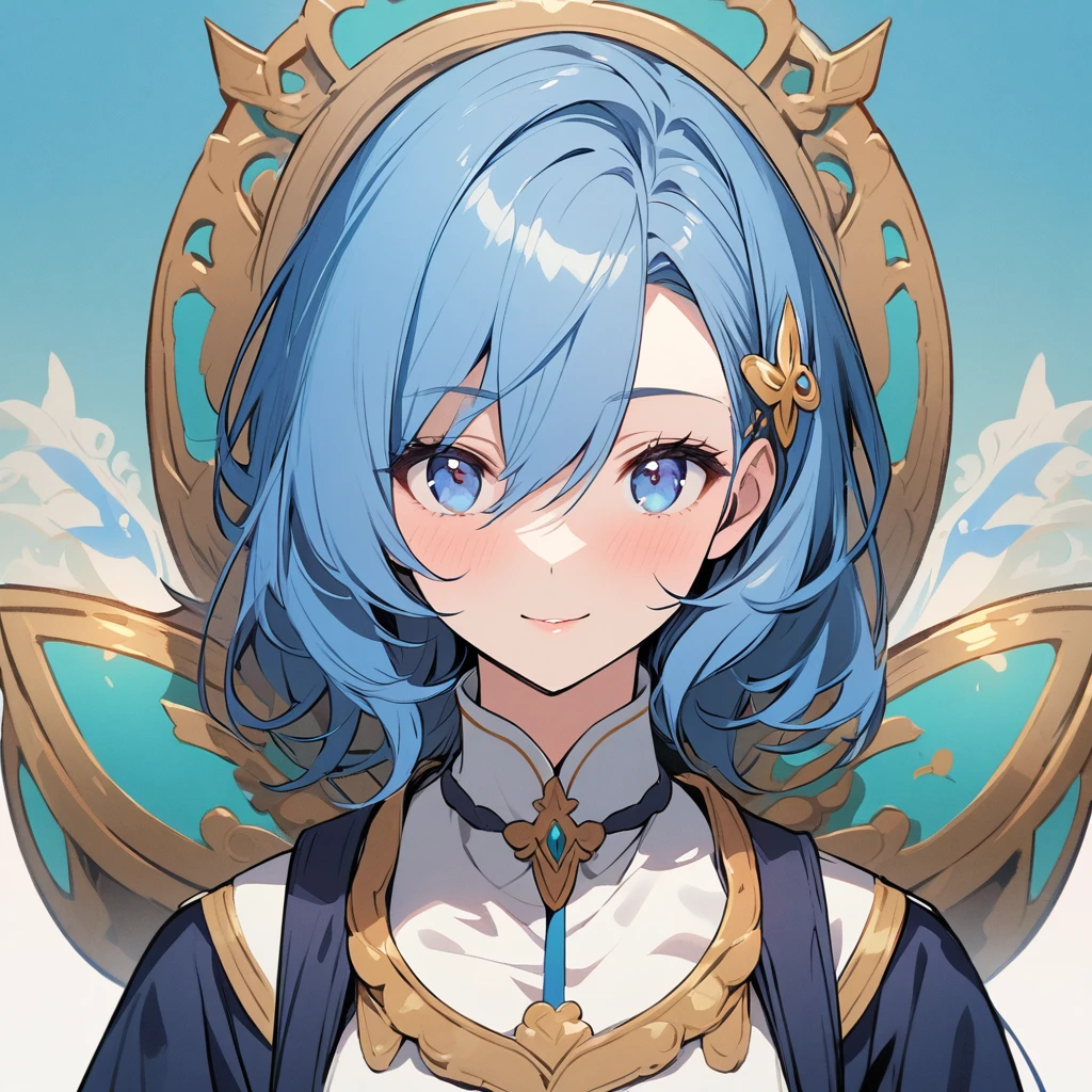 girl, mature, beautiful main face, front face, blue eyes, blue hair, cute