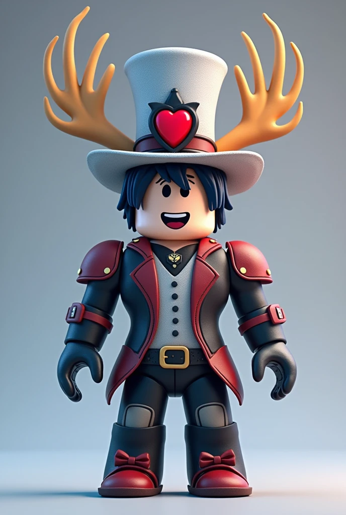 Create a Roblox character with an antler skin and a white, red and black top hat with a heart in the middle and black and blue male Roblox hair