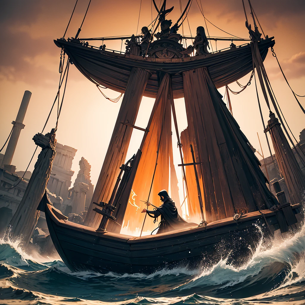 Depiction of cloaked Charon/Specter of Death in a boat crossing the dark and stormy river Styx with a deceased Roman character also in the boat, Charon is handing an orange life jacket to the Roman passenger, add the word bubble [[safety first]] in greek/roman style font.  place a wooden arrow shaped sign with the word [[underworld]] in the ground. 