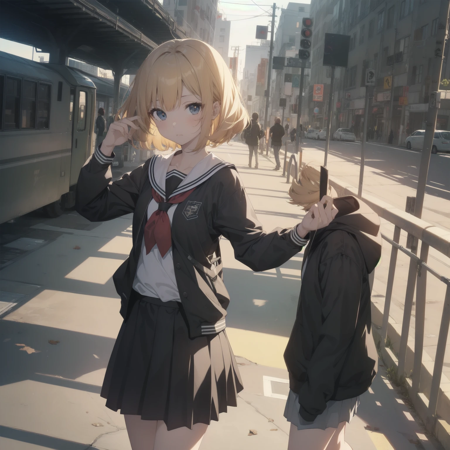 ultra-absurdres-Top quality by artist God, ultra-detailed, high resolution, anime moe artstyle, best anime 8k konachan wallpaper, pixiv contest winner, pool:2810, perfect anatomy,break, 1girl, (Please draw a girl walking sleepily to school alone. )break,(Solo,little female, 13-year-old:1.3),Full limbs, complete fingers,a junior high school student, (very short hair), short cut, flat chest, , small butt, small black eyes, beautiful detailed eyes, well-proportioned iris and pupils, expressive eyes, highres detailed hair, soft expression, salor school_uniform, sailor collar, serahuku, bow, pleated skirt,(Detailed Lighting), (Detailed background), in the School commute route. break,super detailed skin, Best cinematic lighting powered by famous artist, 8k,beauty illustration,photoshop_(medium),very aesthetic,break,((artist:yuureidoushi_(yuurei6214) )), artist:clamp ,artist:carnelian ,artist:kantoku ,