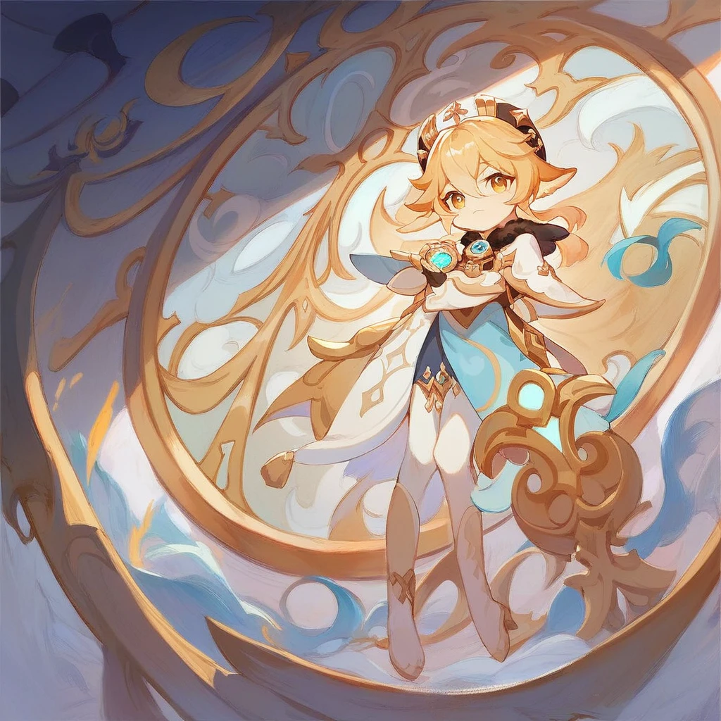 Genshin Impact Style, Little Curved , official Artwork, A painting hanging on the wall, Gorgeous wall, Golden Brilliance, CG, Art