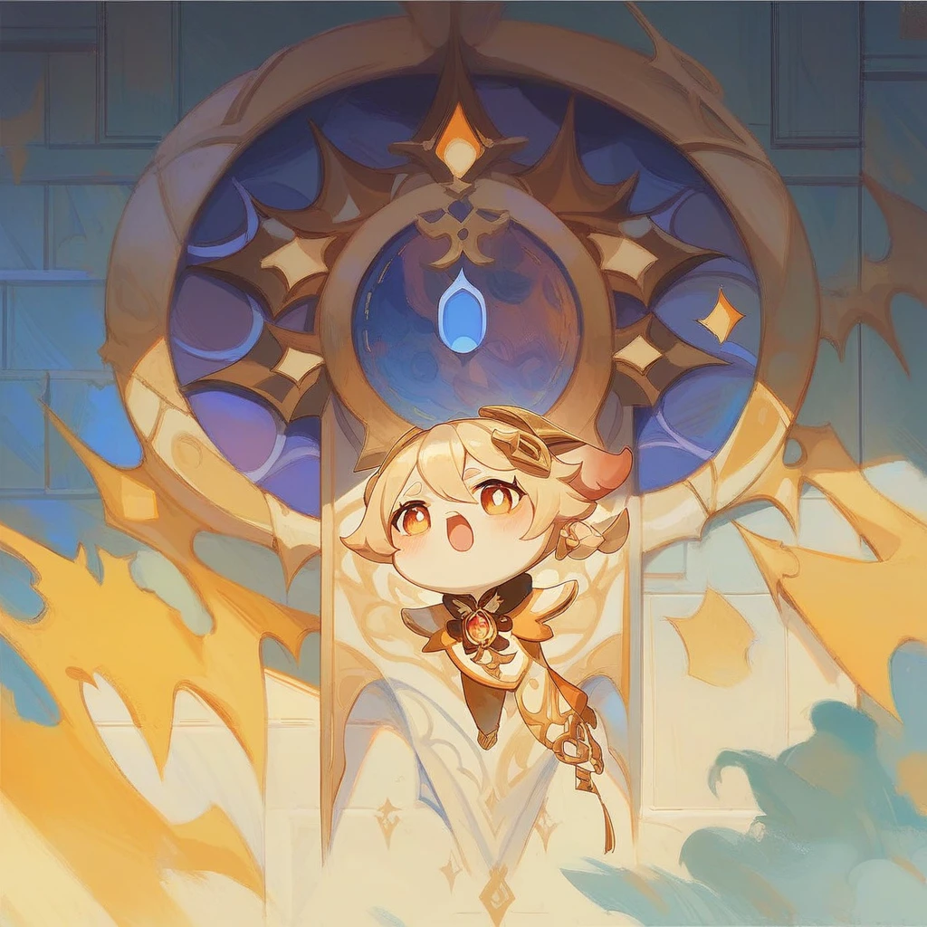 Genshin Impact Style, Little Curved Loli, official Artwork, A painting hanging on the wall, Gorgeous wall, Golden Brilliance, CG, Art