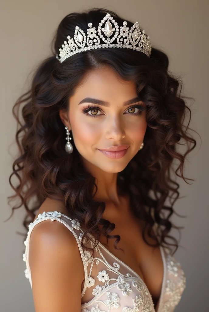 hairstyle for a quinceanera with curly hair with a more aesthetic crown that looks 3-dimensional
