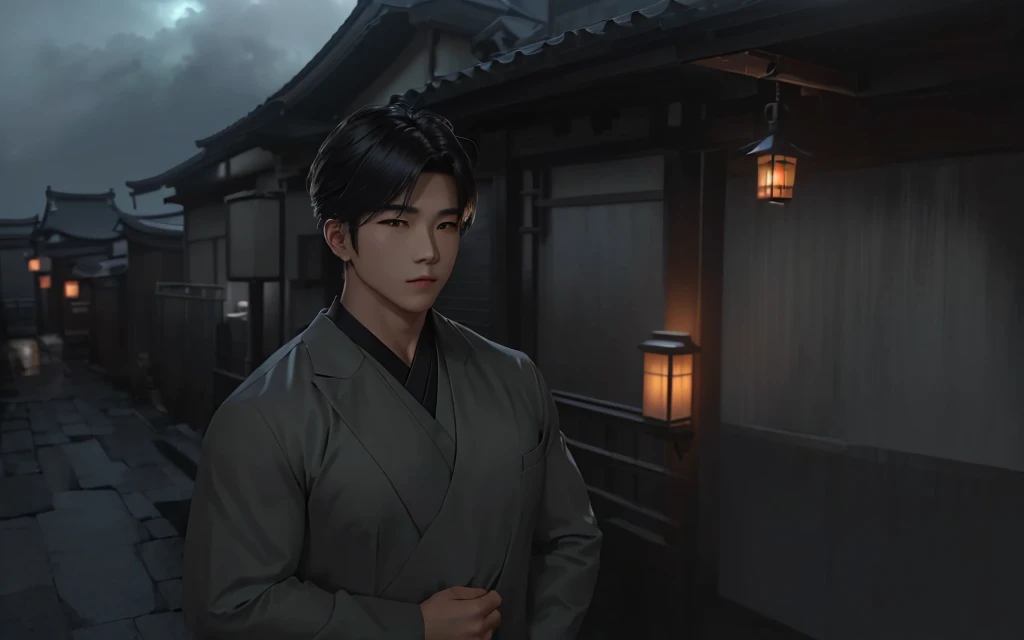 cinematic shot ar 9:16 -n 6 -g, evening ambience, japan. volumetric lighting, night ambience, volumetric evening lights, mysterious ambient lighting, extremely gloomy lighting, cinematic night lighting, relaxing atmosphere, cozy atmosphere, cinematic atmospheric lighting, (quiet tokyo alley at night), 1boy,cool guy,(muscular), (huge pecs),(pec bounce),(huge chest),(muscle chest),(focus on the chest),Korean handsome face,(beautiful scenery),scenery