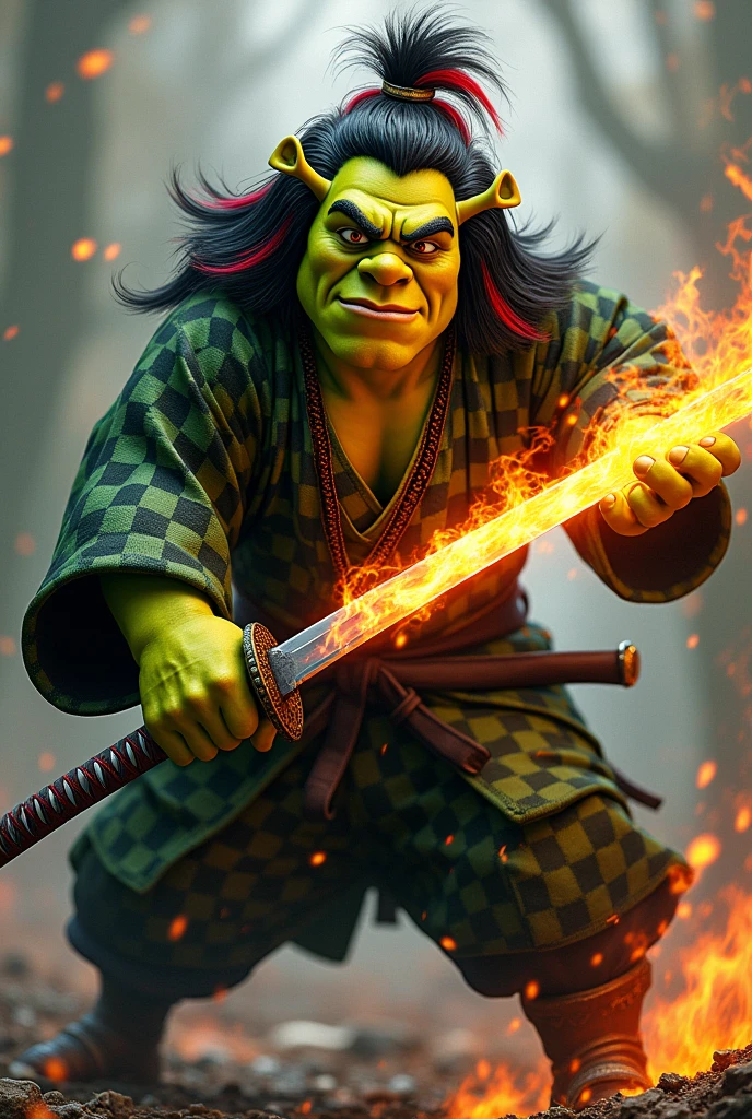Shrek dressed in green and black checkered kimono, long black hair with red, a katana in his hand on fire, in attack position 

