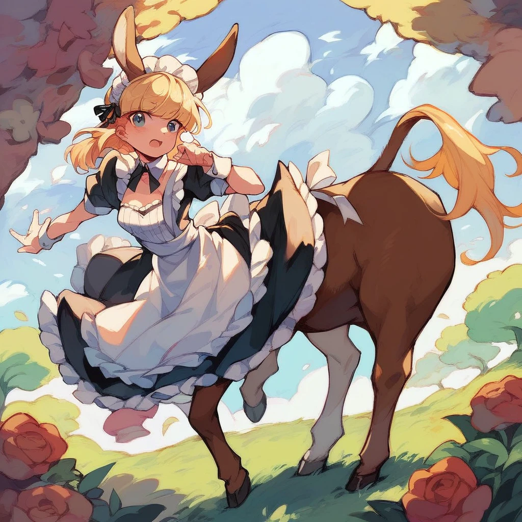 donkey centaur, Blonde, Sissy, Maid costume, Medium Length Hair, Otokonoko, Four legs, donkey,
