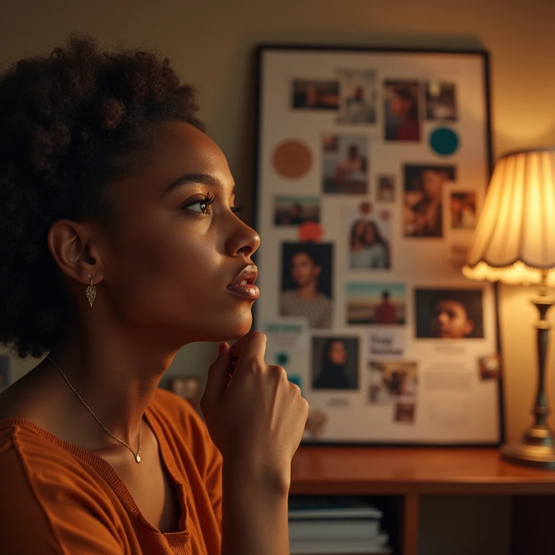 A woman looking at a vision board or dream map at home, with images of personal and professional achievements. The scene should be cozy, with warm tones of brown and orange, showing a personal and intimate environment.