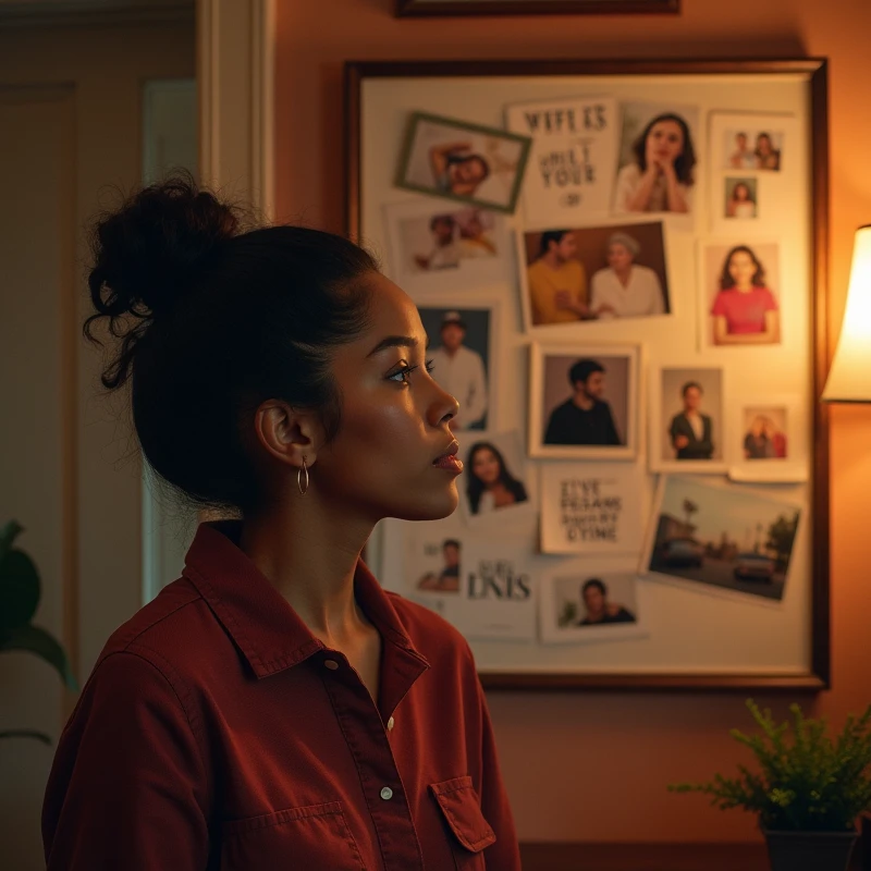 A woman looking at a vision board or dream map at home, with images of personal and professional achievements. The scene should be cozy, with warm tones of brown and orange, showing a personal and intimate environment.