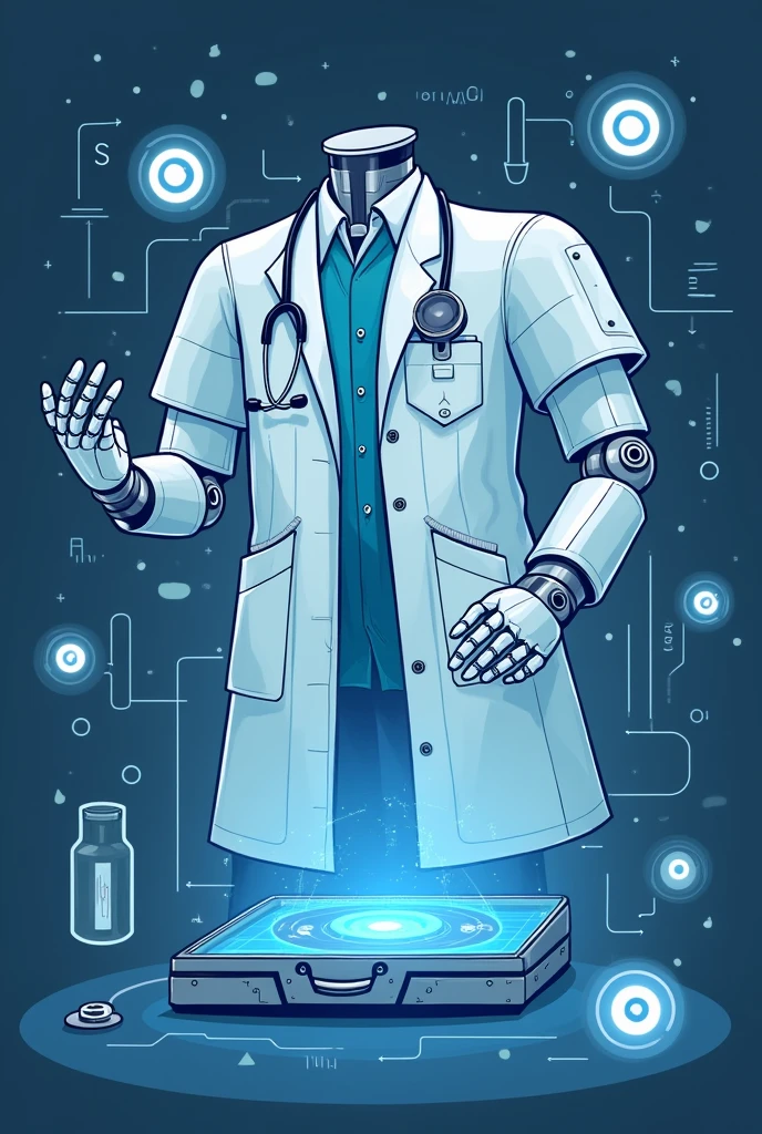 Illustrate a futuristic doctor’s bag containing AI tools, like a stethoscope with a built-in AI assistant, a holographic display for diagnosis, and robotic hands assisting in surgery. This can symbolize how AI enhances healthcare.