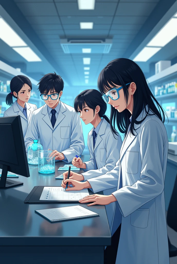 Four people in a laboratory, all with black hair, two men and two women