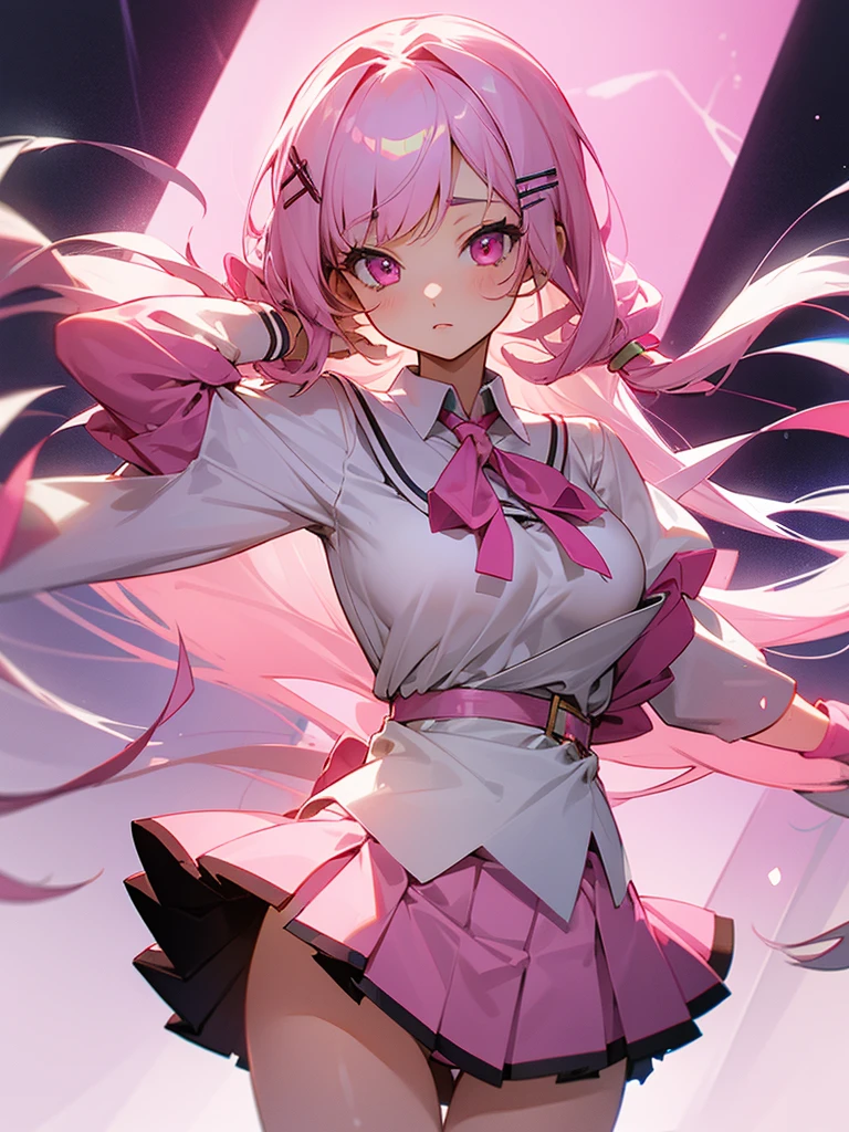 A young woman with long light pink straight hair down and some cute ribbon hair clips, pink eyes, big boobs, showing her panties with a short skirt and a school uniform.