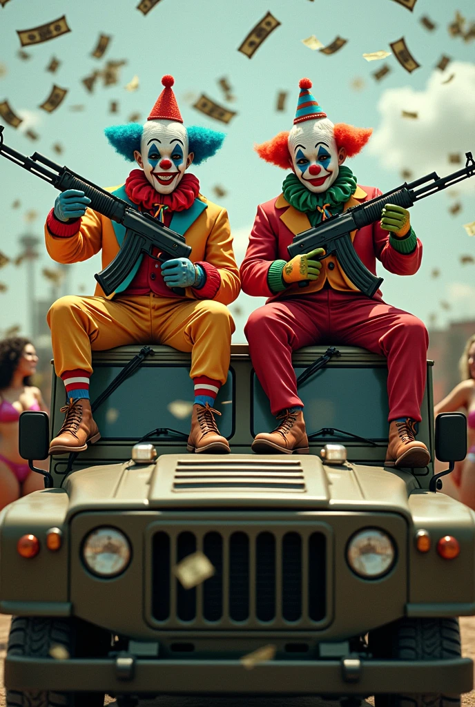 Two clowns with AK47s sitting on top of a ranger truck smoking weed women in bras raining money