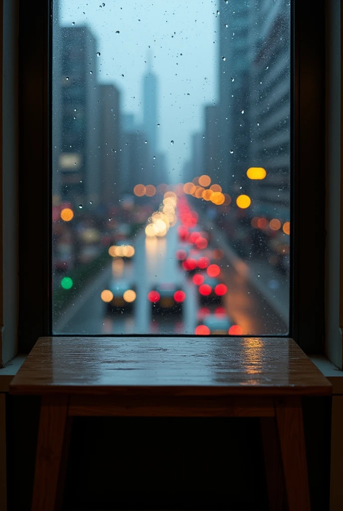 small wooden table rainy droplet on bigger window mumbai dark backdrop
front view