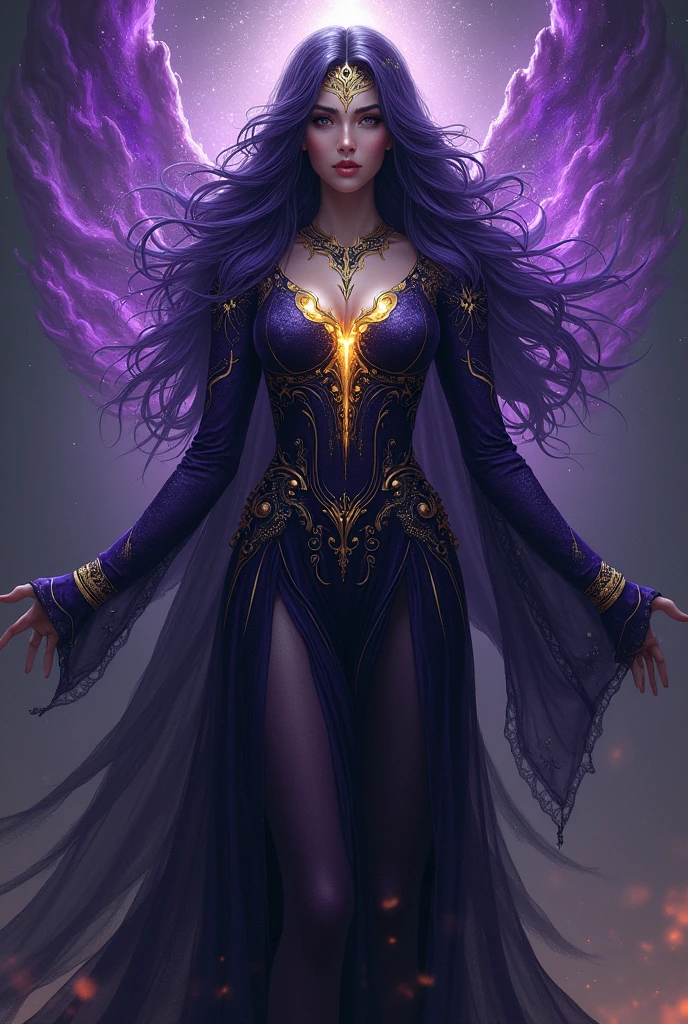 Ethereal Majestic female goddess with dark purple , dark blue , yellow colour palette. Black hair . Dark aura
