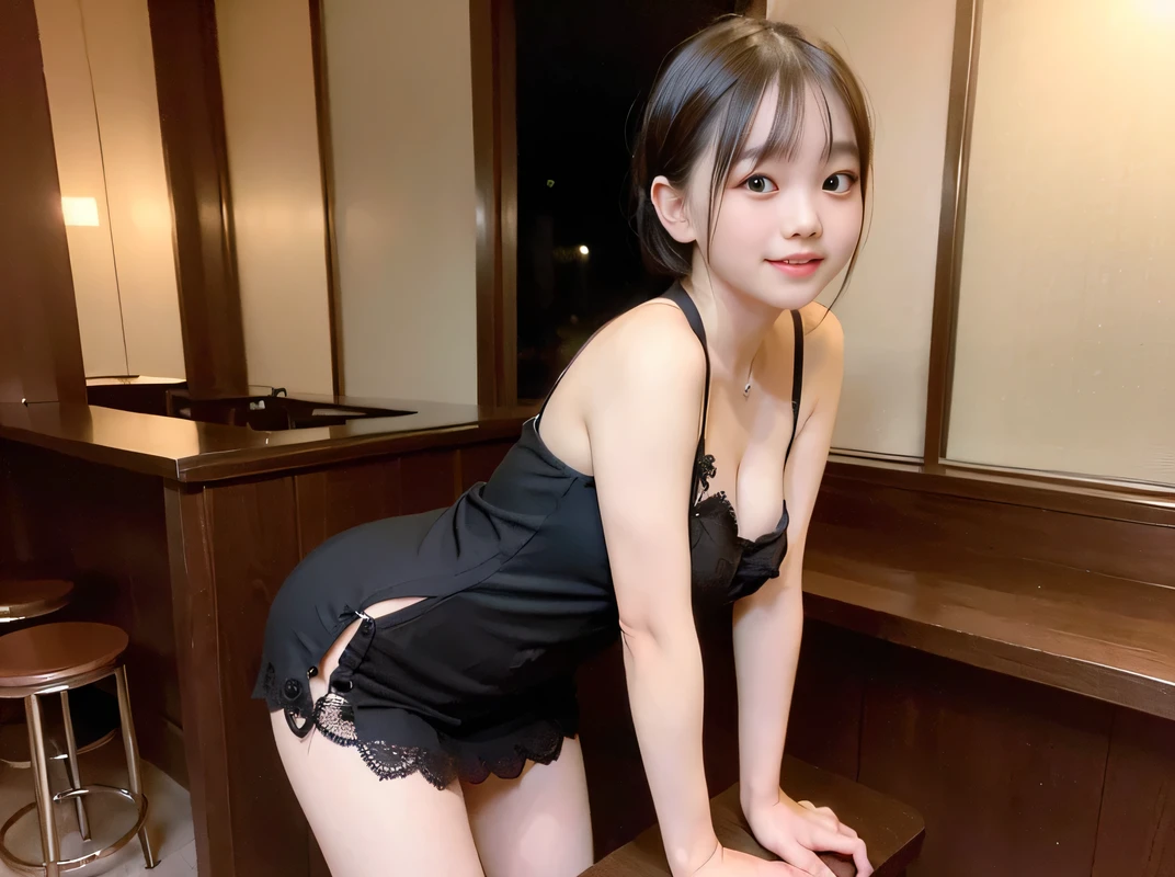 (Highest quality, masterpiece, Ultra-high resolution, 8k, RAW Photos, Realistic, Anatomically correct:1.5), 20-year-old girl:1.2, Embarrassing, avert your eyes, blush:1.0, View Viewer, ((bar)) 、Large windows、Night view、 Light:1.2, Bokeh, Cinema Lighting:1.0, Depth of written boundary, sharp、 Cute Face、Idol、(Black short sleeve lace top)、(Black lace skirt)、”dwarf”、(Floral clothes)、(Full Body Shot)、Side angle、Cowboy Shot、( smile)、((Ultra short hair、Berry Short))、(Straight bangs)、((See-through))、(( One Girl))、Waist、I can see your thighs、