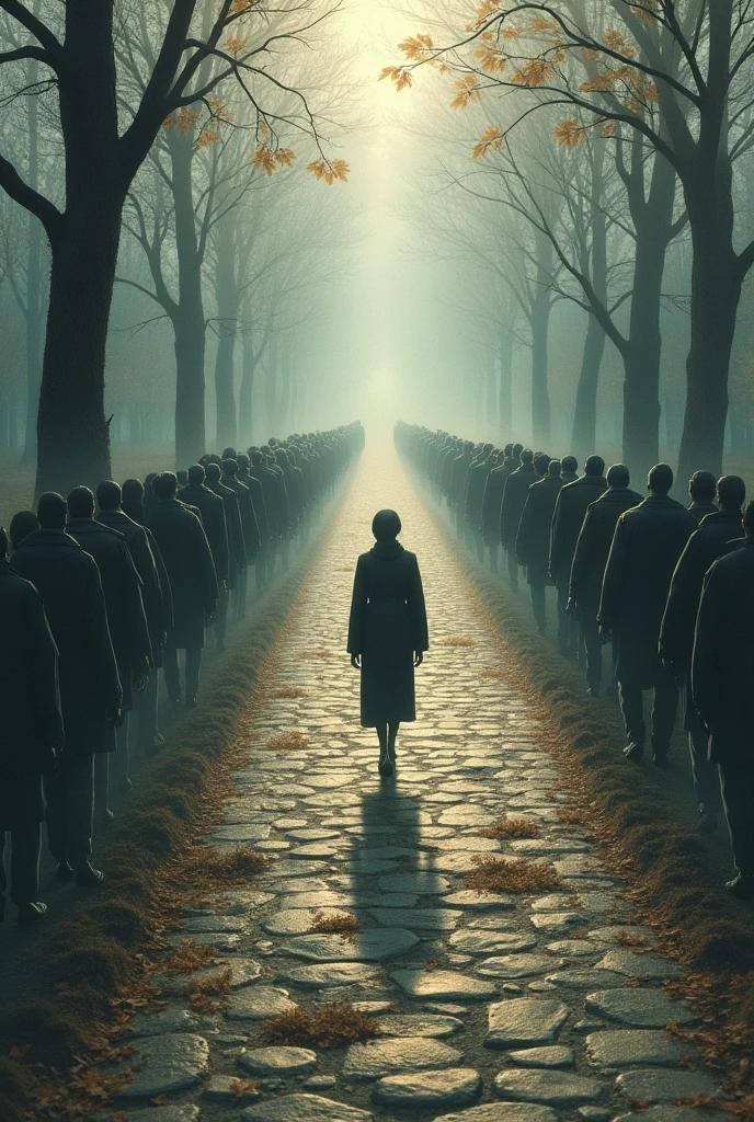 . a group of people walking along a straight and clear path while a lone figure deviates onto a cobblestone path full of obstacles symbolizing the difficult decision to follow a path of internal transformation.