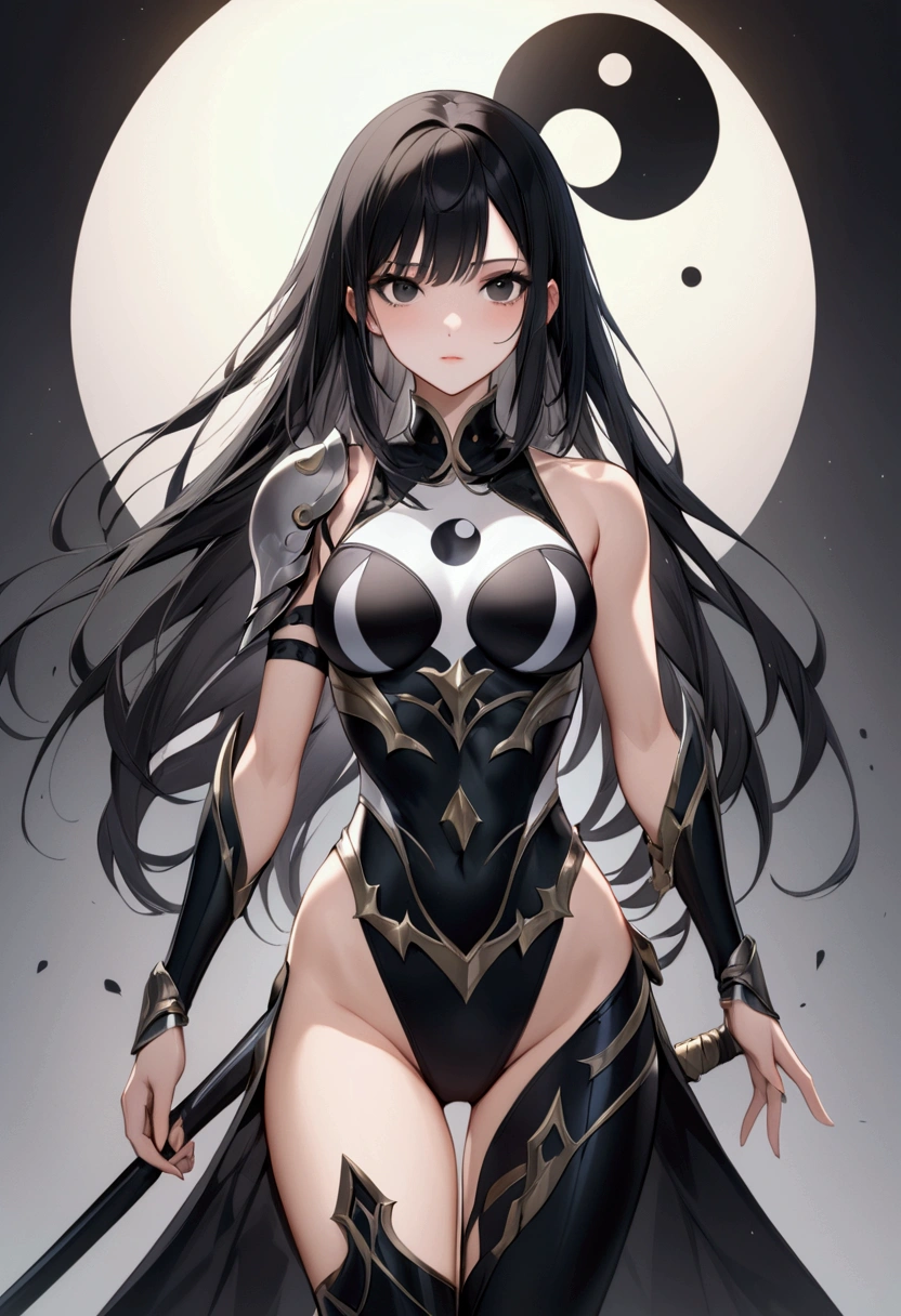 ((Masterpiece)) ((best quality)) ((ultra-detailed )) ((ultra sharp)) ((4k)).Anime girl with long black  hair , black eyes with slender and athletic build , ying yang armor