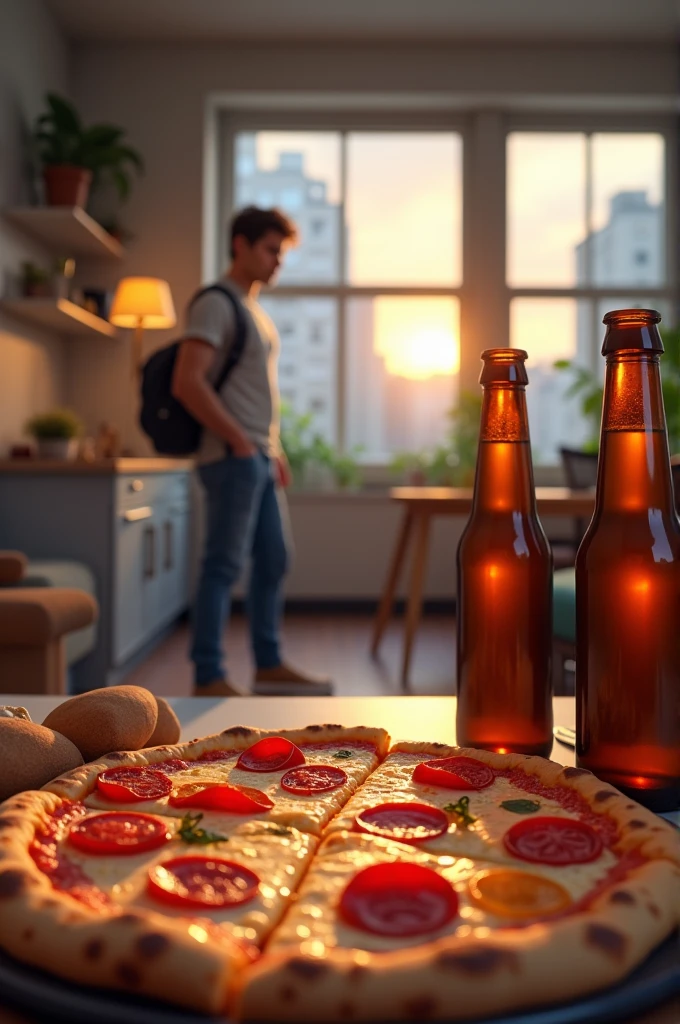 Arrive at a work apartment and have pizza and beer for dinner 