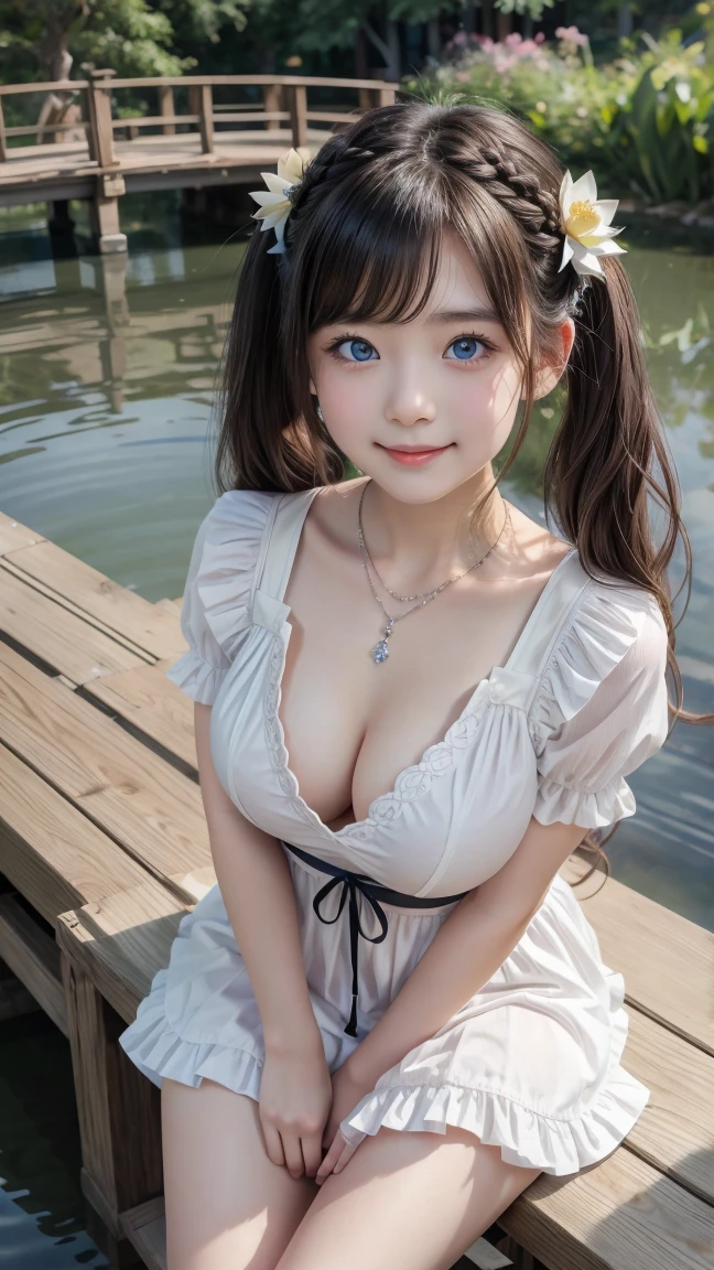 ( 3 girls),smile、Look into the camera、diamond necklace、braided hair, (Open-chested maid cafe outfit:1.1)、revealing upper arms、Extra long twin tail feathers、Flower Hair Ornaments、 Masterpiece, Highest quality, 8ก, beautiful girl, young face、 photography, Cute face, thigh,(Sitting on a wooden bridge in a lotus pond),、รอยsmile、small waist, blue eyes(((The chest is erect...)))(((round chest)))(((big breasts:1.0)))