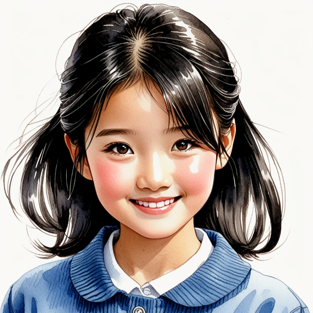 Hand-drawn watercolor illustration, One Girl,north korea、north koreaの中学生,north koreaの学生服、Black hair（Bob Hair、forehead）, smile,cute, cute, Simple, Pencil line drawing