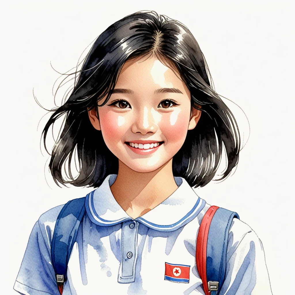 Hand-drawn watercolor illustration, One Girl,north korea、north koreaの中学生,north koreaの学生服、Black hair(Bob Hair、forehead), smile,cute, cute, Simple, Pencil line drawing