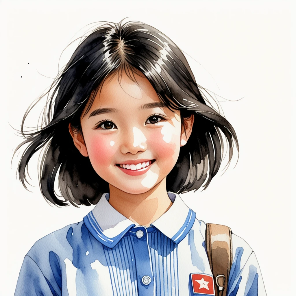 Hand-drawn watercolor illustration, One Girl,north korea、north koreaの中学生,north koreaの学生服、Black hair(Bob Hair、forehead)15 years old, smile,cute, cute, Simple, Pencil line drawing