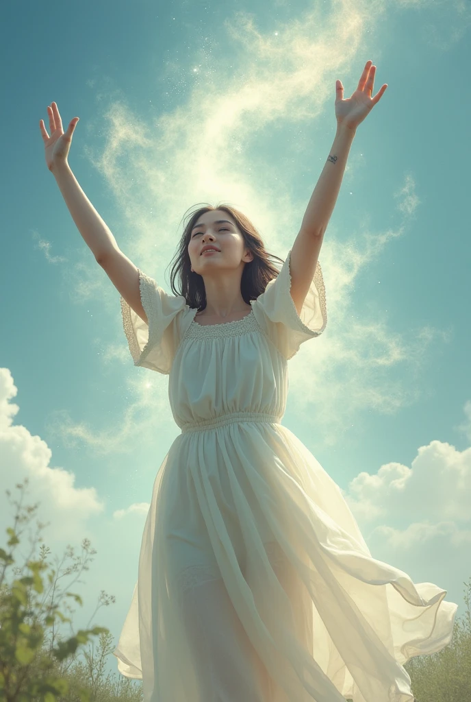 Girl disintegrating in the wind with her hands raised 
