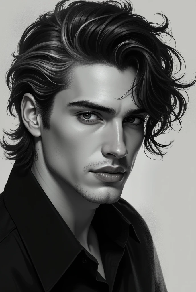 Sexy guy, caring, kind, black + white hair, deep black eyes