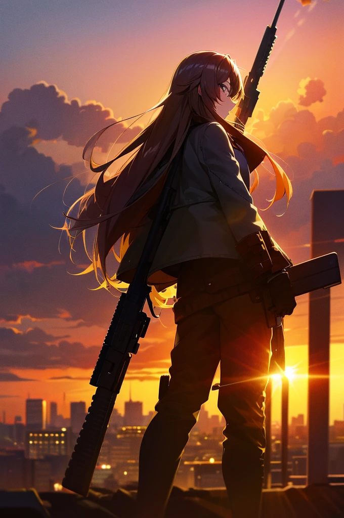 Cityscape, building, Skyline, sunset, Silhouette with cumulonimbus clouds in the background, meditation. Watching the beautiful sunset, sunset時に, sunset時, sunsetとともに, In the sunset, Nice views, Sunset view, With the sunset, sunset時に, During Golden Hour, looking sunset時に, Sunset in the background, Watching the sunset, In the spotlight, holding_gun, assault_rifle, Very detailed, Brown Hair, Long Hair, Anime Style, whole body, alone, Stylish Gunfighter Girl, Holding a steampunk long barrel pistol, The background is a dark and desolate landscape, Horror movie atmosphere. Her figure is very beautiful, Emphasizing the dark and crazy elements. Skillfully expressing the effects of light and shadow, Anime girls with guns and rifles, from Girls&#39; Frontline, mechanized soldier girl, Girls&#39; Frontline style