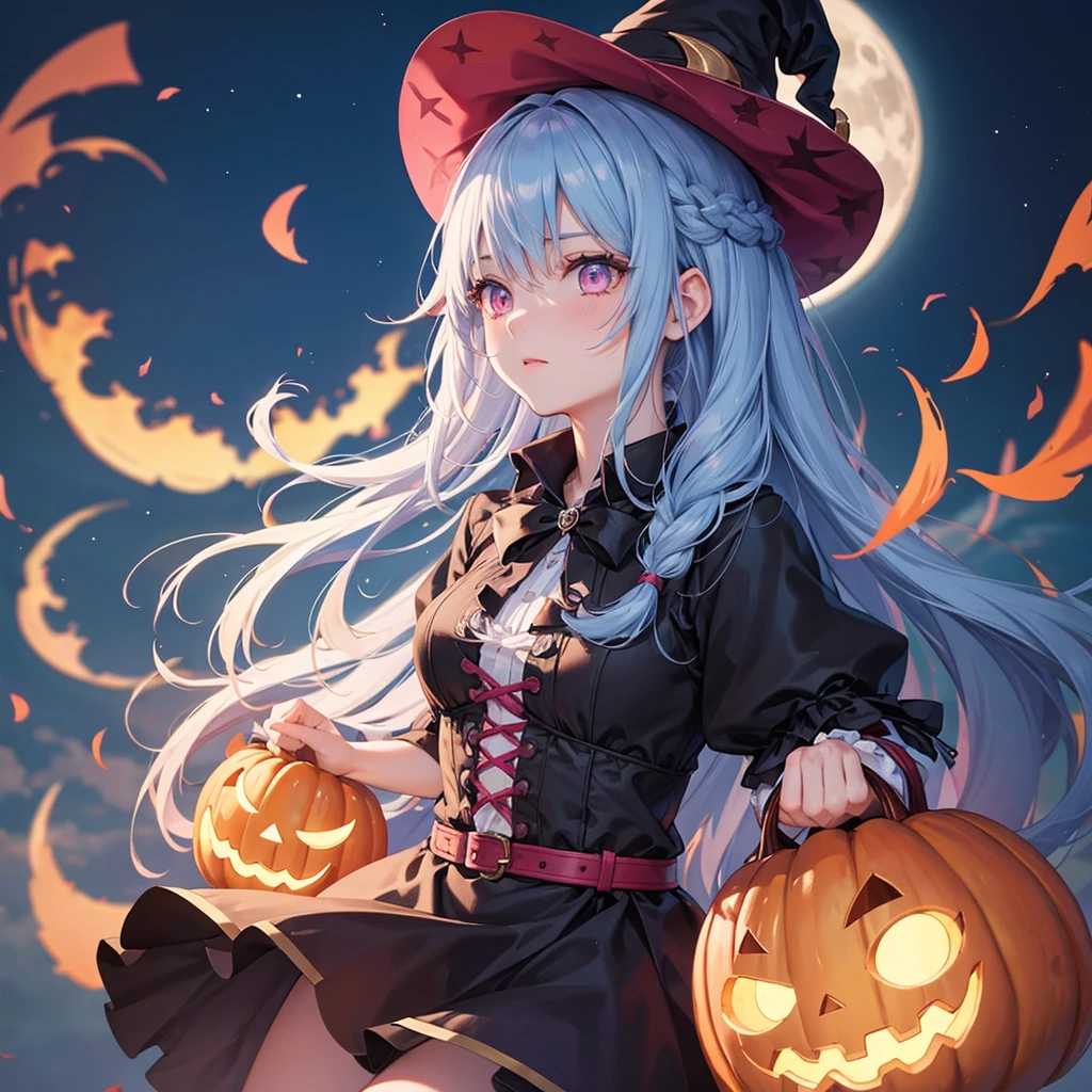(Sky Blue Hair),(Braided medium hair), (Pink Eyes),Fair skin) ,(whole body),(One Girl),(Crescent Moon),(There are many pumpkin ghosts in the background),(Trick or Treat),Halloween Night Party),(masterpiece, Highest quality, Very detailed, Best Shadow), (Detailed Background), (Beautifully detailed face), High Contrast, (Best lighting, Very delicate and beautiful), ((Cinematic Light)), Hyper Detail,8k, Dramatic Light, Intricate details,Witch's Clothes,Magic broom,night,Flying bats in the sky,