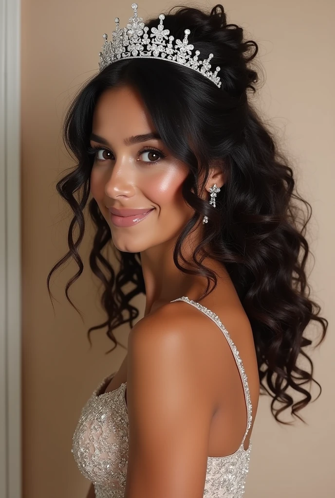 hairstyle for a quinceanera with curly hair with a more aesthetic crown that looks prettier in 3 dimensions