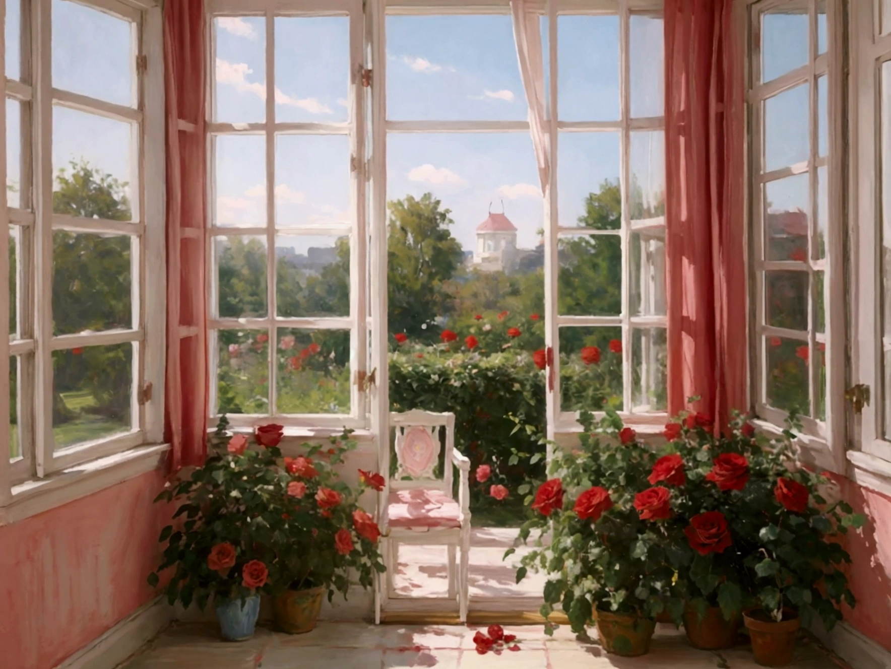 pastel colour red room Rose garden outside the window cute race curtain