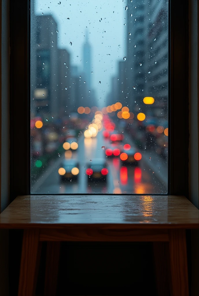 smaller wooden table rainy droplet on bigger window mumbai dark backdrop
front view