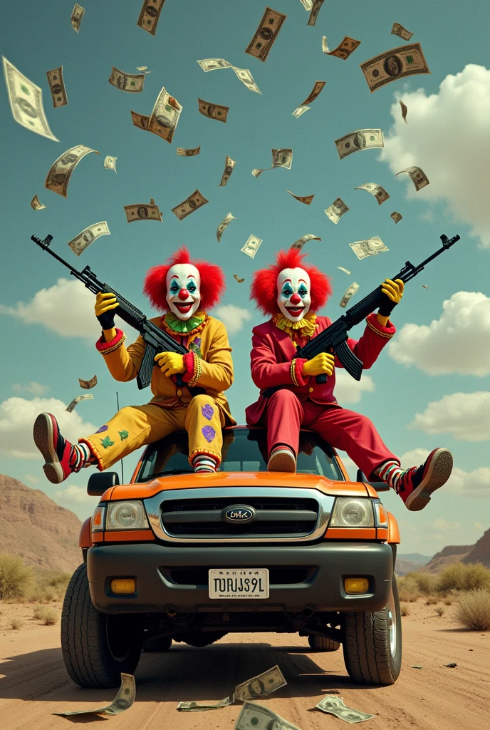 Two AK47 clowns sitting on top of a Ranger pickup truck ,  women in bras raining money 