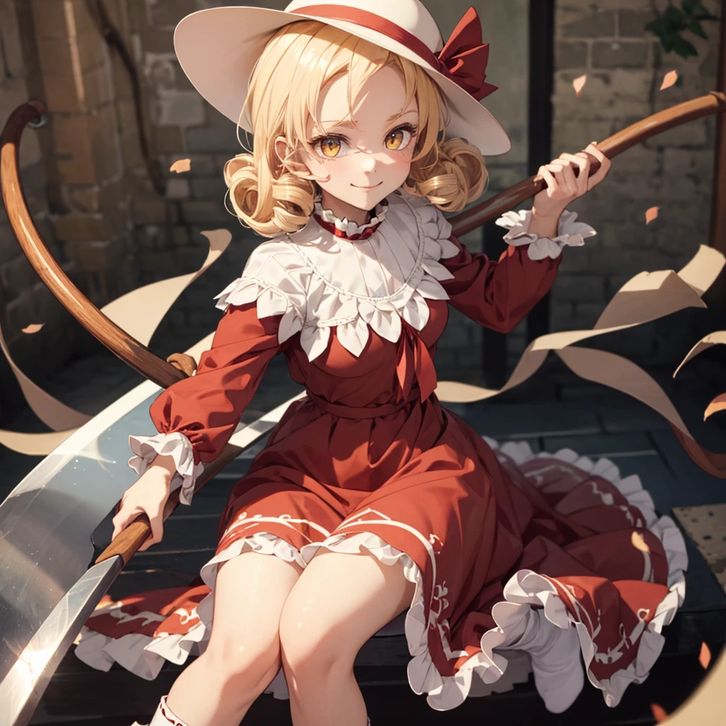 a drawing of an anime character in a red dress and boots with a large scythe, ((high end)), (UHD picture), (best quality,4k,8k,highres,masterpiece:1.2), top-quality(​masterpiece), top-quality, ultra-detailed, highly detailed texture, intricate details, high quality textures, masterpiece, best quality, perfect quality, perfect anatomy, perfect body, perfect symmetrical face, perfect hands, perfect feet, (two arms:1.2), (two legs:1.2), (five fingers each:1.2), (perfect joint:1.2), perfect joint movement, precise fingers and hands, 1 beautiful girl, 1 girl, alone, solo, , , (((loli))), ((cldish)), hat, white hat, blonde hair, long hair, parted bangs, drill hair, well-formed face, yellow eyes, maxi dress, red dress, dress, long sleeves, frills, long skirt, simple background, scythe, holding scythe, holding, white socks, smile, cute face, beautiful, holding scythe