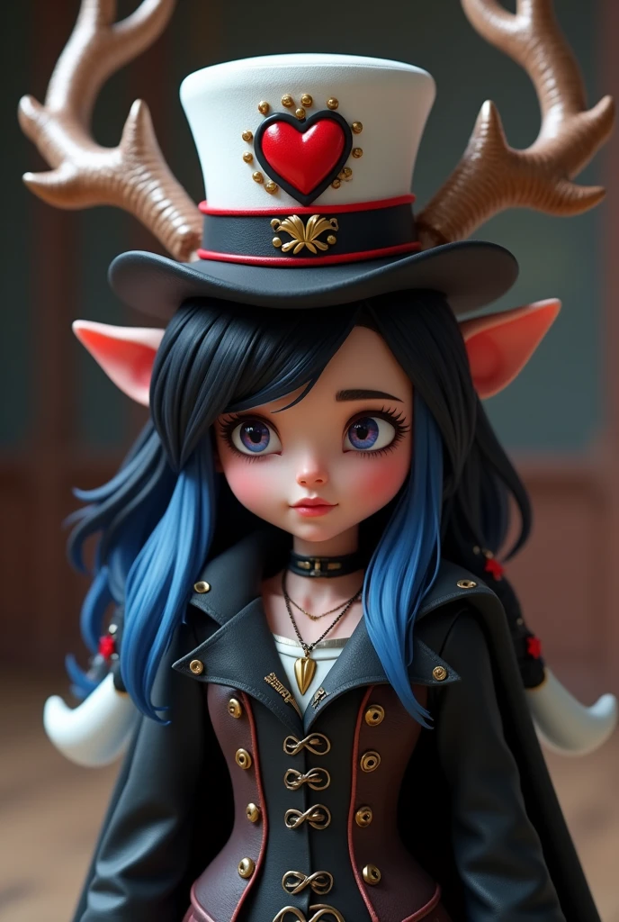 Create a roblox character with an antler skin and a white, red and black top hat with a heart in the middle and black and blue male roblox hair without a horn and the antler body, give it a more baronial leather