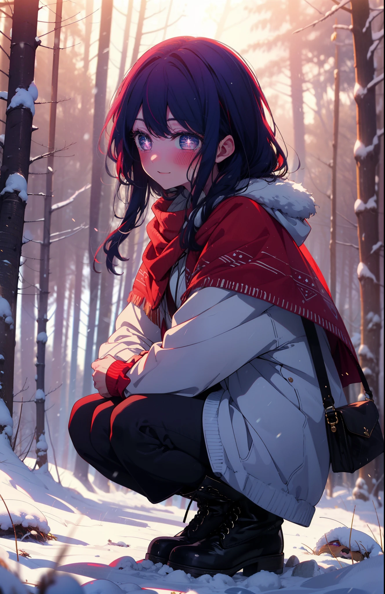 aihoshino, Ai Hoshino, Long Hair, bangs, (Purple eyes:1.1), Purple Hair, (Symbol-shaped pupil:1.5), smile,,smile,blush,white breath,
Open your mouth,snow,Ground bonfire, Outdoor, boots, snowing, From the side, wood, suitcase, Cape, Blurred, , forest, White handbag, nature, Squat, Mouth closed, Cape, winter, Written boundary depth, Black shoes, red Cape break looking at viewer, Upper Body, whole body, break Outdoor, forest, nature, break (masterpiece:1.2), Highest quality, High resolution, unity 8k wallpaper, (shape:0.8), (Beautiful and beautiful eyes:1.6), Highly detailed face, Perfect lighting, Extremely detailed CG, (Perfect hands, Perfect Anatomy),