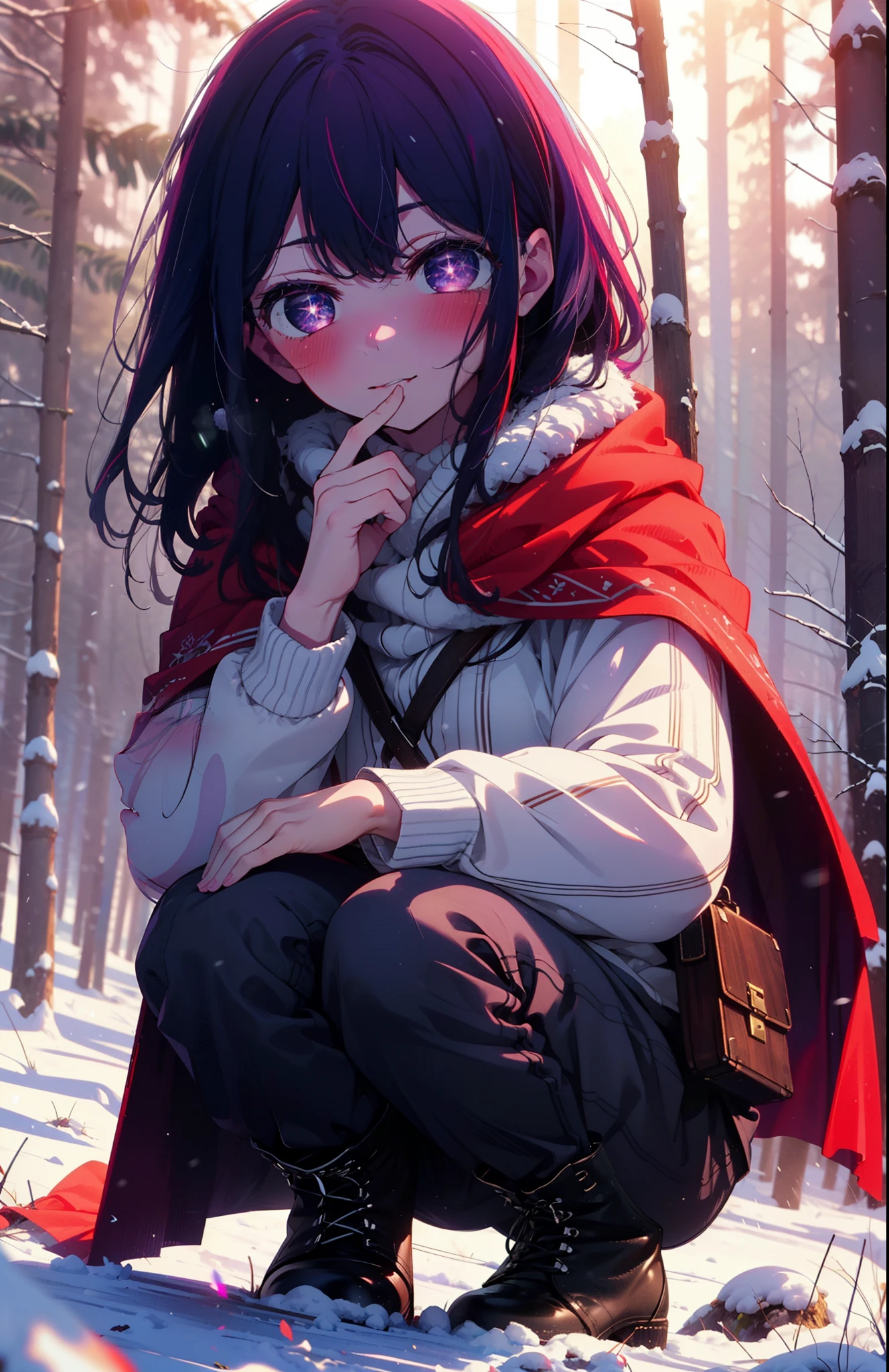 aihoshino, Ai Hoshino, Long Hair, bangs, (Purple eyes:1.1), Purple Hair, (Symbol-shaped pupil:1.5), smile,,smile,blush,white breath,
Open your mouth,snow,Ground bonfire, Outdoor, boots, snowing, From the side, wood, suitcase, Cape, Blurred, , forest, White handbag, nature, Squat, Mouth closed, Cape, winter, Written boundary depth, Black shoes, red Cape break looking at viewer, Upper Body, whole body, break Outdoor, forest, nature, break (masterpiece:1.2), Highest quality, High resolution, unity 8k wallpaper, (shape:0.8), (Beautiful and beautiful eyes:1.6), Highly detailed face, Perfect lighting, Extremely detailed CG, (Perfect hands, Perfect Anatomy),