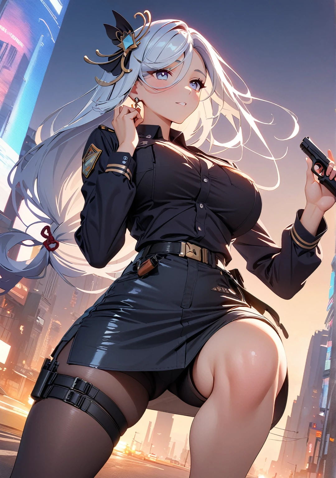 (high quality, 8k, 4k, high contrast, masterpiece:1.2, best quality, best aesthetics), (dynamic angle), Shenhe, Genshin impact, alternate costume, police officer, Detailed face and body, Beautiful breasts, confident look, (white hair, long hair, hair_ornament), Shiny black uniform, Tactical belt with equipment, Glossy Badges and Name Tags, Carrying a small handgun, Standing in a dynamic pose, dutch angle, Flashing police car lights against cityscape background,