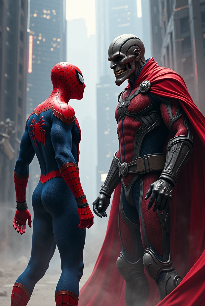 Spider-Man with the integrated suit fighting Red Skull