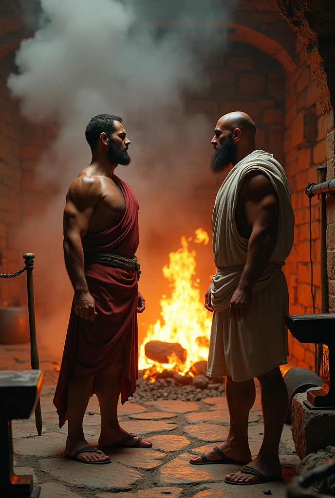 Characters: Prometheus, Hephaestus - Description: Prometheus sustrae el fuego de la forja de Hefesto
- Época: Greek Antiquity - Clothing: Greek Tunics and Sandals - Place: Hephaestus' Forge on Mount Olympus - Action: Prometheus toma el fuego mientras Hefesto está distraído
- Fondo: The forge, Tools and Flames - Plan: Medium shot - Style: hyper-realistic, Photo realism, cinematography
