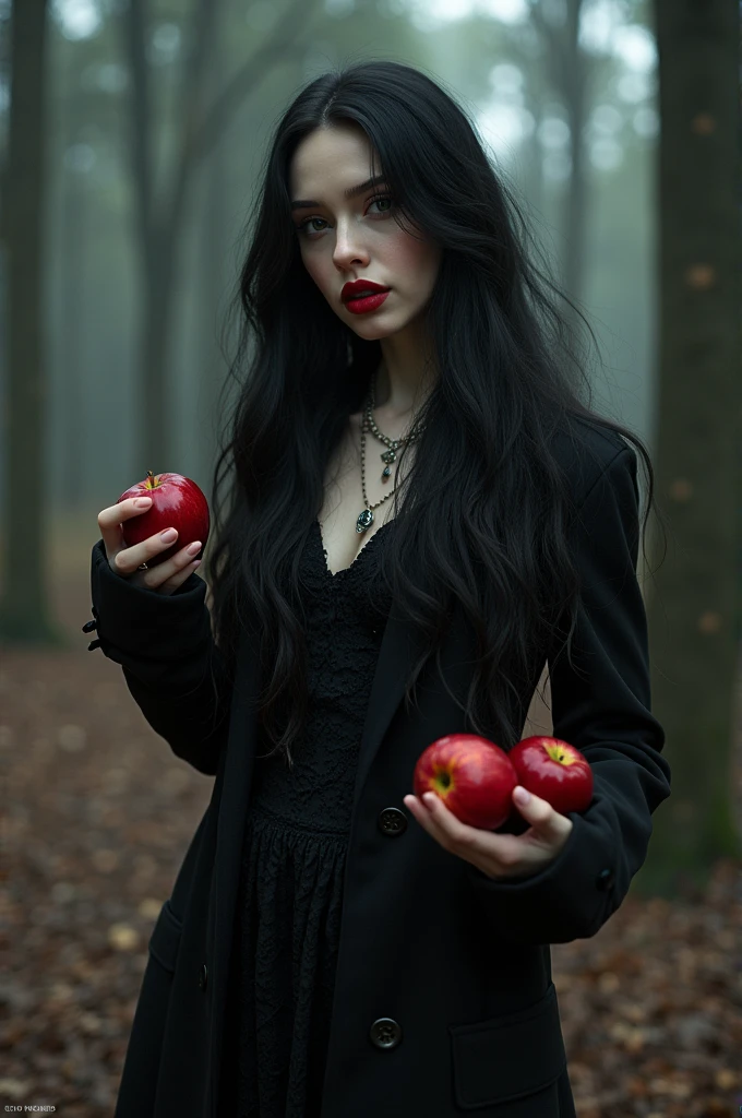 ((RAW Photo), absurd, (absurdresolution)), masterpiece, best quality, (Extremely detailed 8k unity CG wallpaper), (best illustration), (best shadow), Realistic lighting, beautiful detailed glow, ((21 years old)), girl, long black hair, black queen, accessories, apple in hand, poisoned apples, witch queen, red lipstick, (((Photographic Perspective of her)))