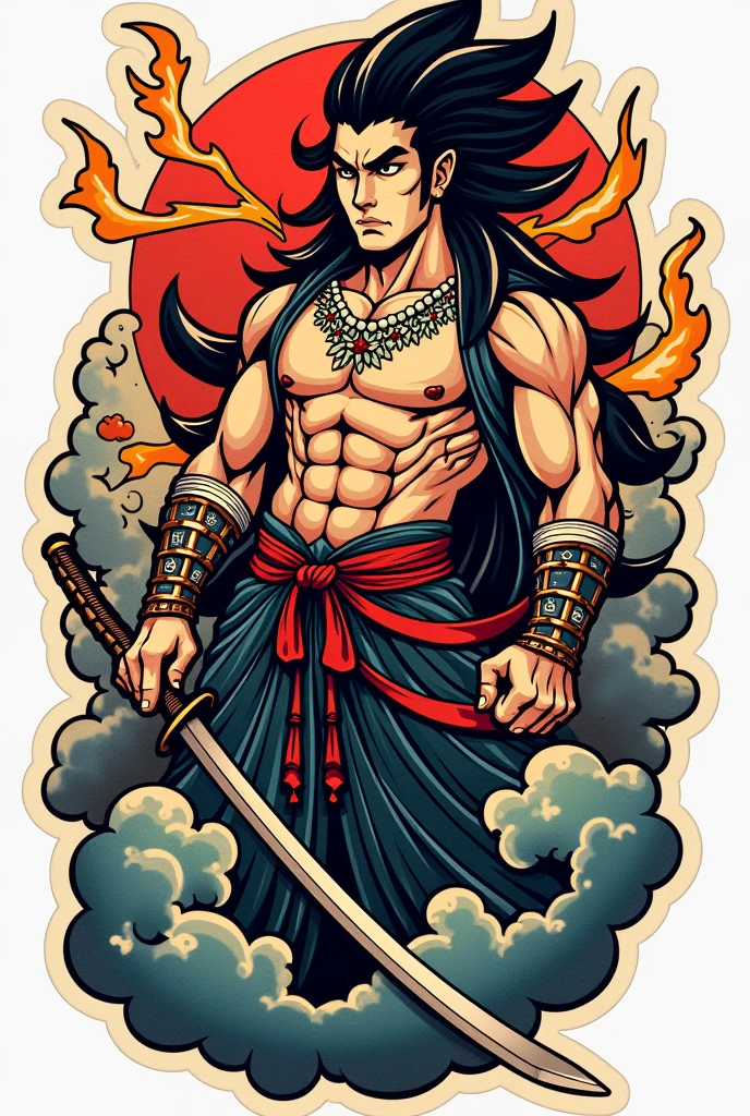 Tattoo drawing hashira Uzui . In the style of Sailor Jerry. American traditional tattoo. Sticker with outline.