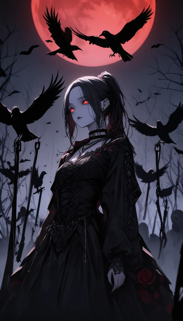 （Dark and scary atmosphere,Gothic Fashion,Dark colors）,（Highest quality，Super exquisite item）,Very sexy vampire girl,In a rose garden in full bloom on a red full moon night,Beautiful and delicate eyes,Beautiful black straight ponytail,Crow's feathers,Pale skin,The moonlight illuminates her silhouette,A fantastic background created by darkness and moonlight,She is a tall girl who looks like an adult.,A crow is flying,Crow's feathersが舞う,Are standing,Deep foggy forest behind,((The shadows of several hanged bodies in the forest behind)),A flock of crows swarming around a corpse,Chained,Hanged by a chain around the neck,Hanging,Bleeding