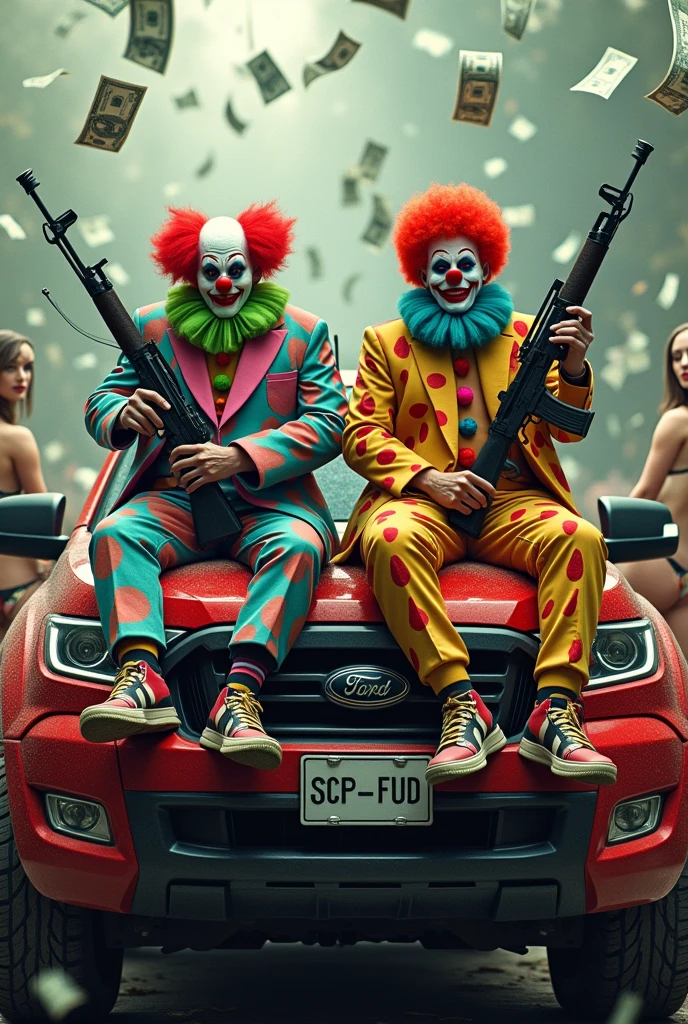 Two AK47 clowns sitting on top of a Ranger Sport pickup truck, women in bras raining money and marijuana weed