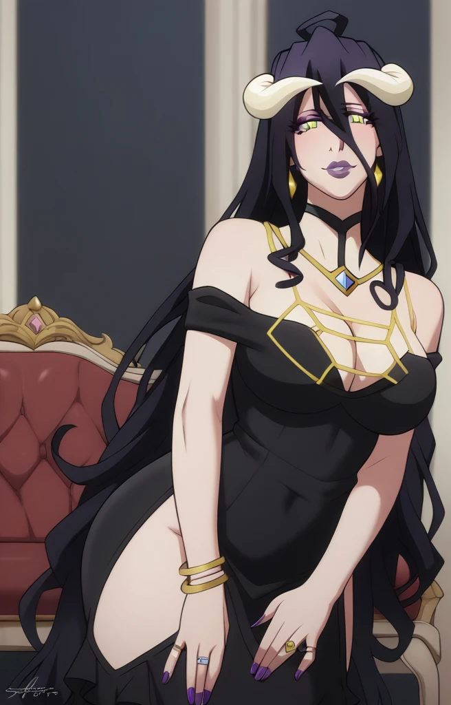 Albedo,Overlord,long curly drill hair,Purple lips,eyeshadow, (Sleeved thin frill black dress with v-neck cleavage),Fullbody,Big breast,Wide hips,Jewel necklace,big chandeller earring,diamond Wedding ring,Detailed face,Bare neck,Enter the hall,Jewel ring,black long nail,professional makeup,Mature,Detailed eyes,curvy figure,gold bracelet,Detailed pupil,enchanced big breast