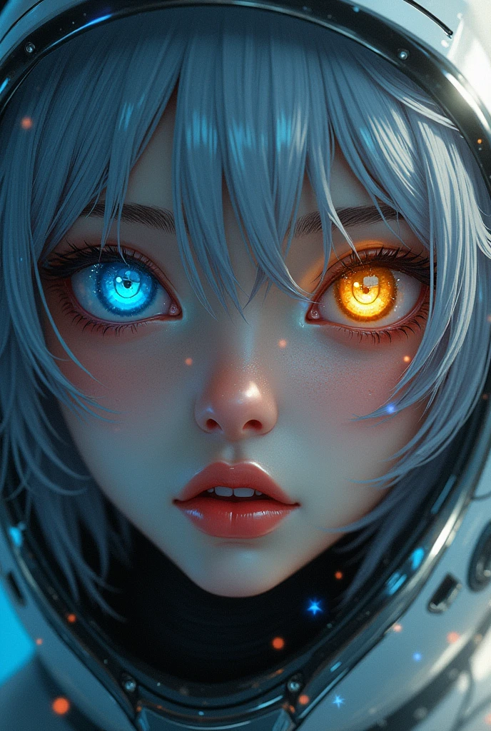 (Close-up of a better masterpiece:1.5)0.9], (Space and astronauts:1.2) (Messy silver hair:1.1) (Heterochromia xanthochromia and blue eyes:1.2) (Space Helmet:1.0) (Colored stars in the eyes:1.0) (A radiant glow:1.1) (thick lips:0.9)