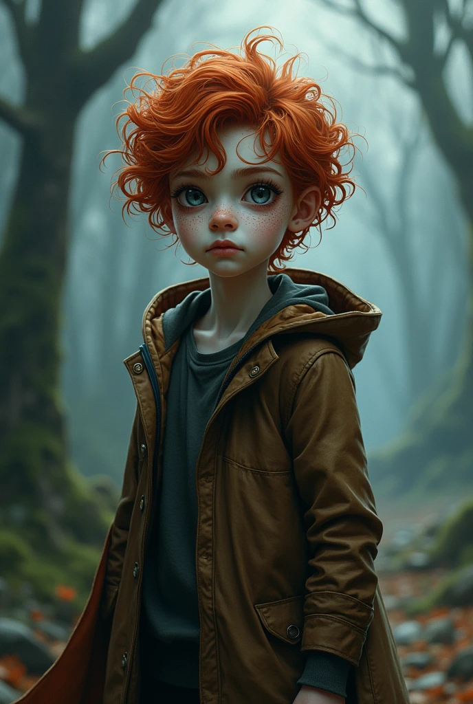 A -yeld boho is a ghost in a fantasy world. He has pale skin but his veins stand out as dark lines. He is a redhead., curly and his eyes are black. Wear a brown coat and a cape with a hood.